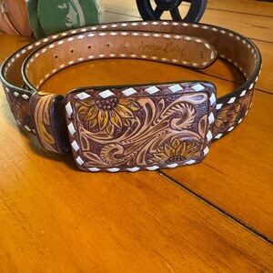 American Darling Tan Leather Belt with White Stitching